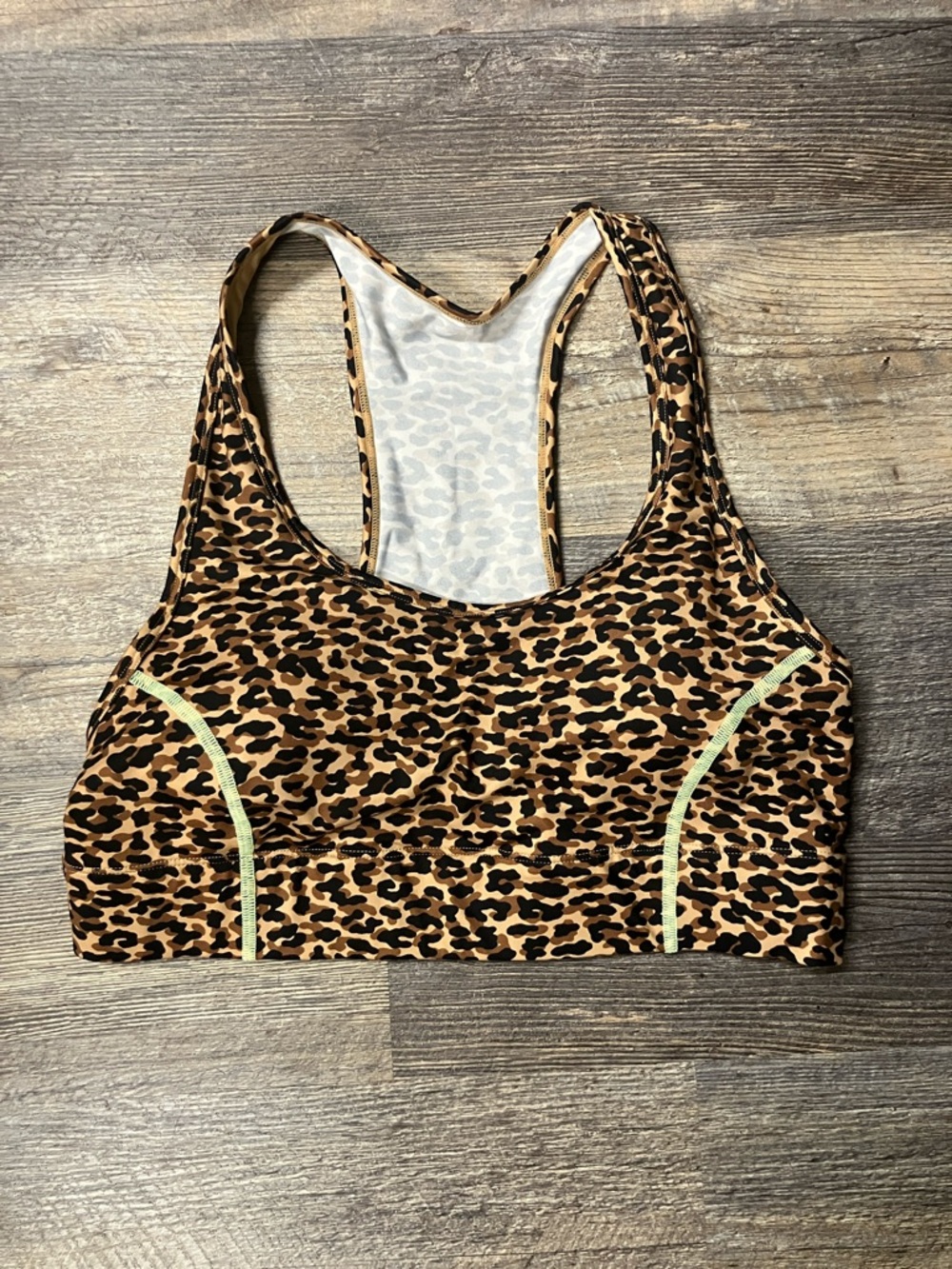 Fabletics Leopard Print Racerback Sports Bra - Tan, Black & Cream